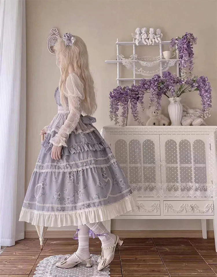 Classic Lolita JSK Dress ~ Holy Rose ~ Elegant Printed Long Dress with Mesh Waist Curtain
