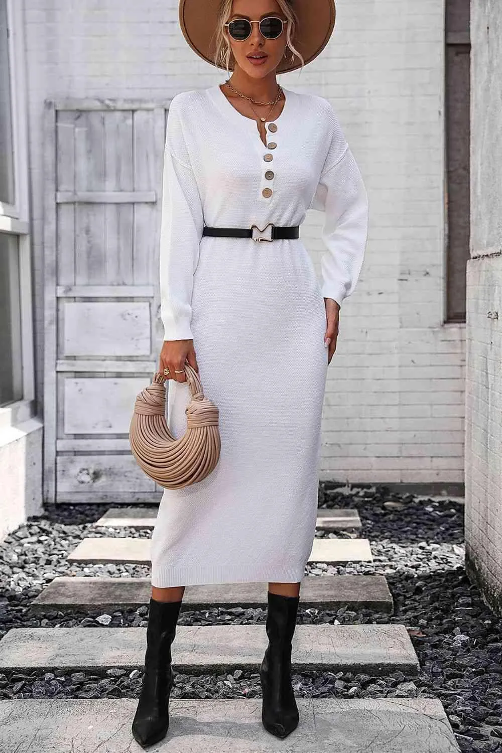 Classy Winter Long Sleeve Midi Sweater Dress