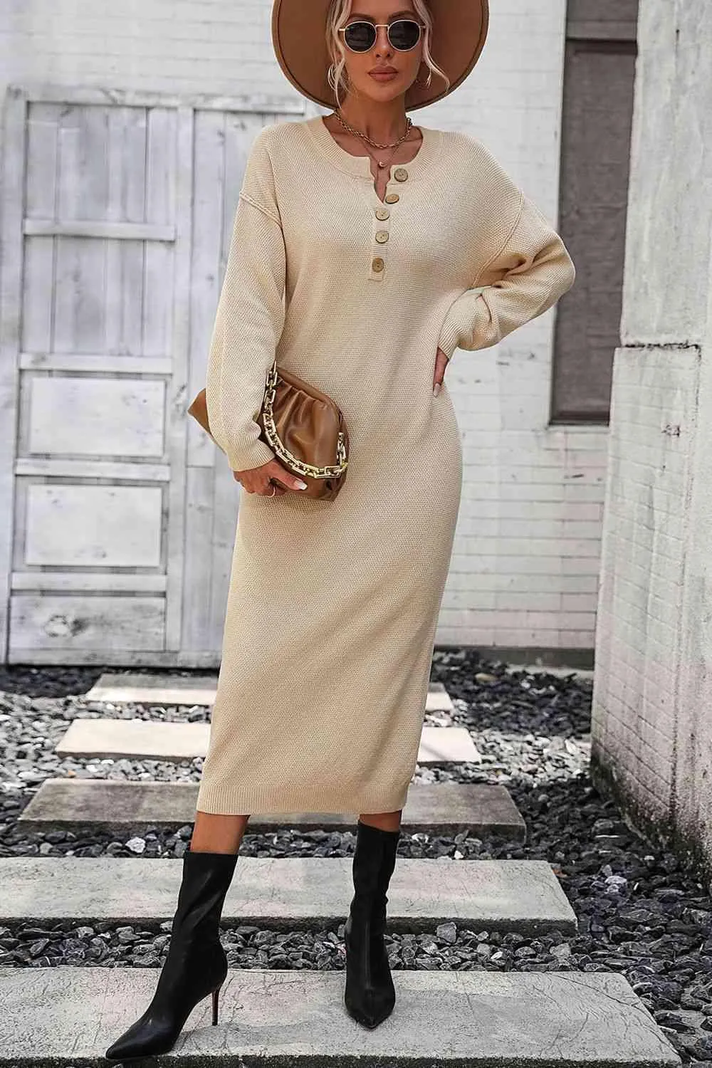 Classy Winter Long Sleeve Midi Sweater Dress