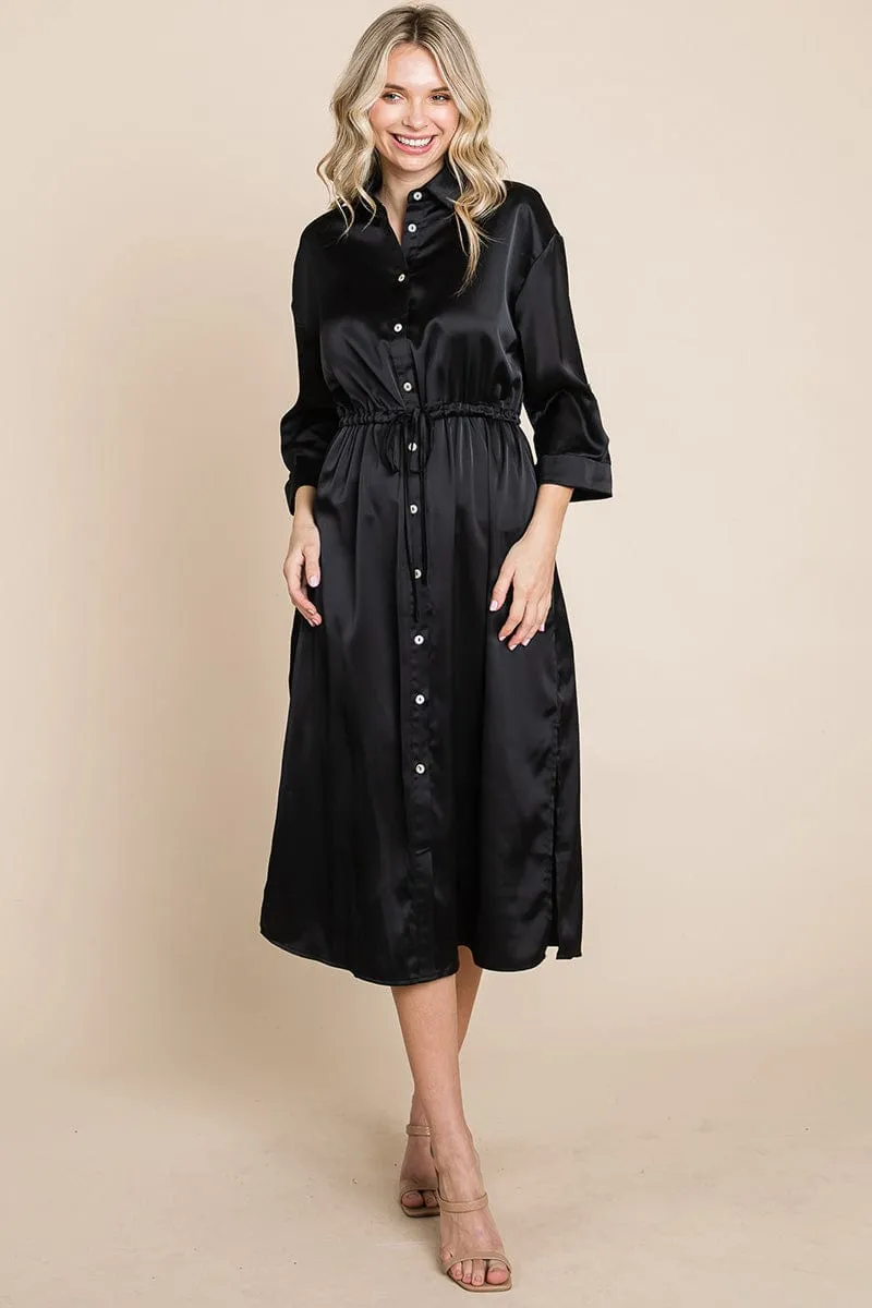 Collared Satin Tied Waist Midi Shirt Dress