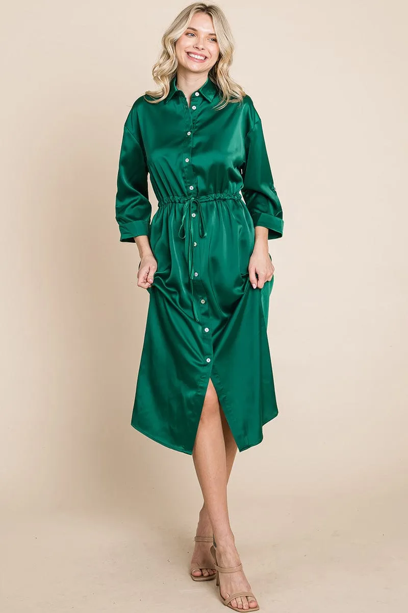 Collared Satin Tied Waist Midi Shirt Dress