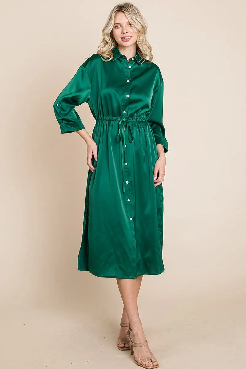 Collared Satin Tied Waist Midi Shirt Dress