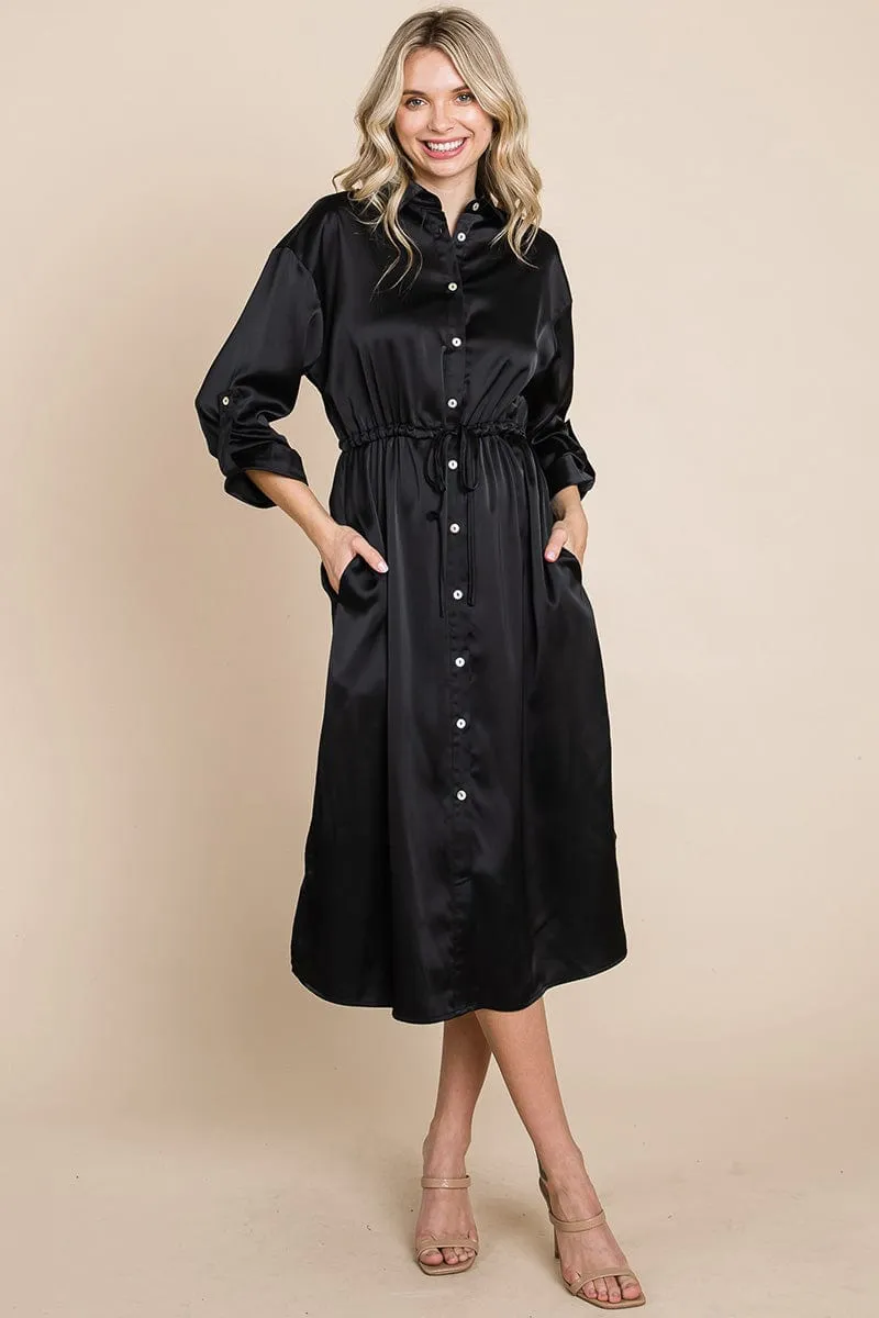 Collared Satin Tied Waist Midi Shirt Dress