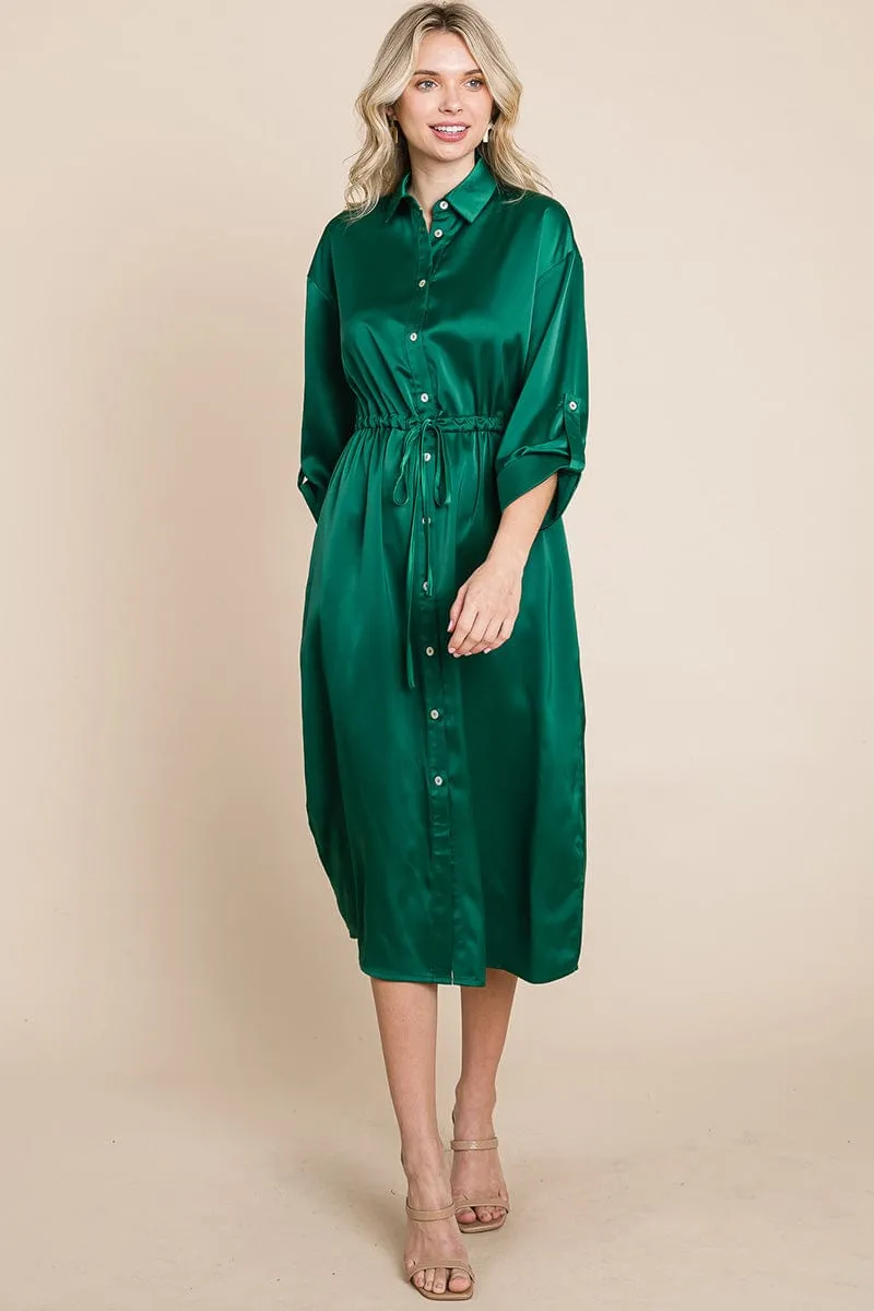 Collared Satin Tied Waist Midi Shirt Dress