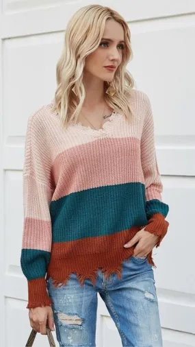 Color Block Sweater with Frayed Edges