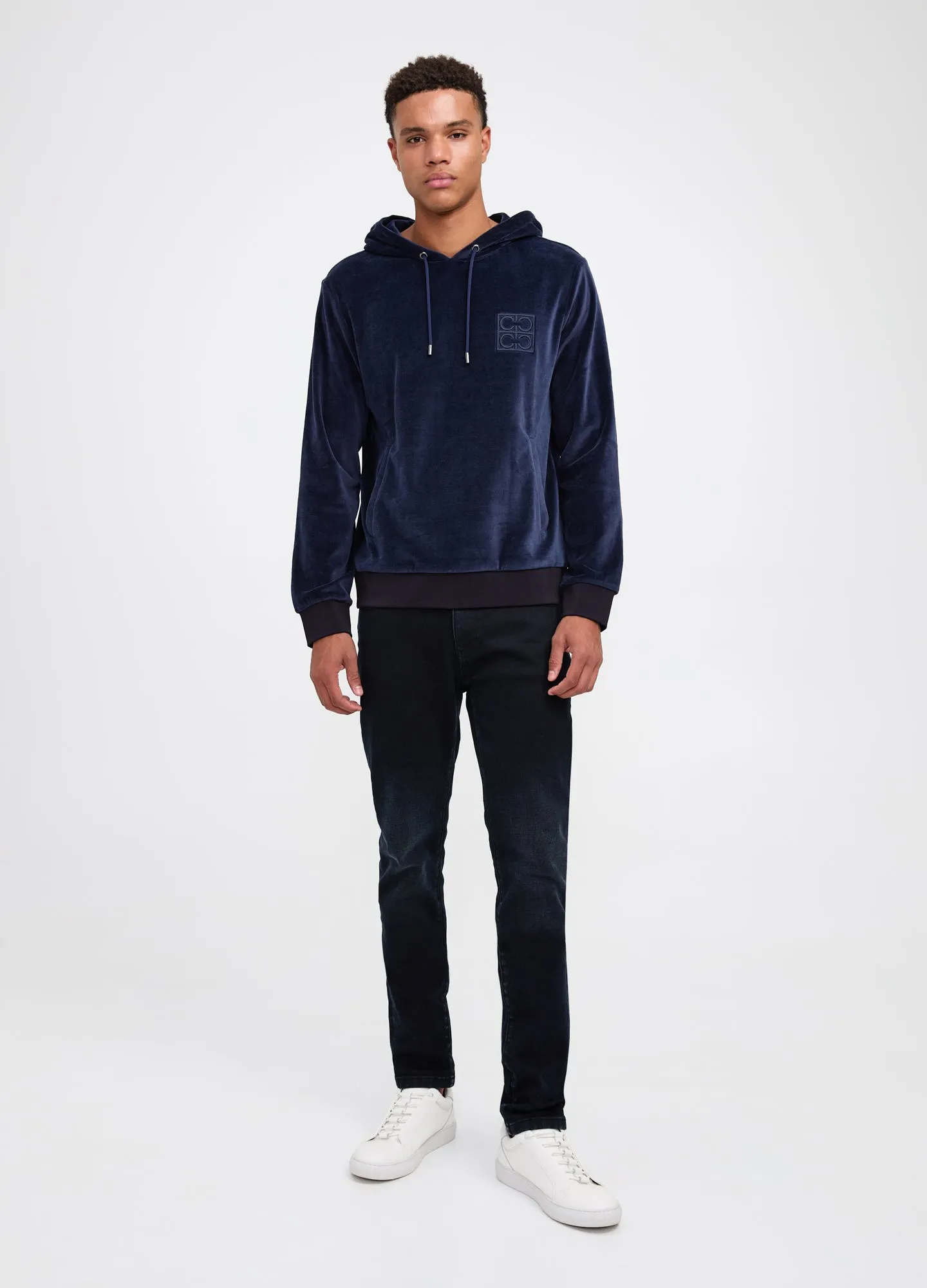 Cotton Blend Velour Hoodie Navy Dark