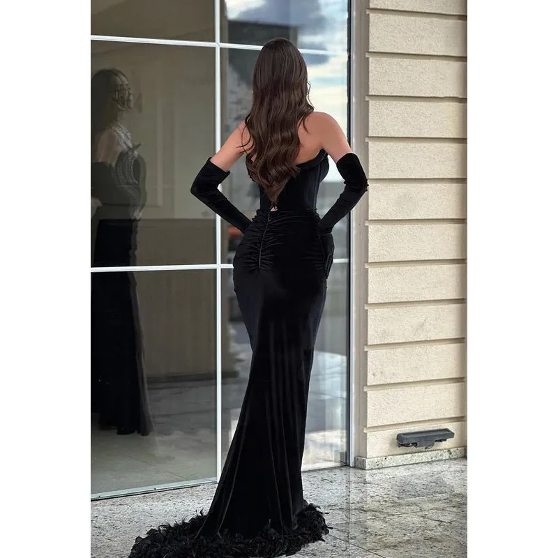 Couture & Ornate V-Neck Sleeveless Mermaid Side Slit Evening Party Prom Dress With Pearls