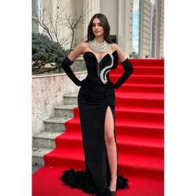Couture & Ornate V-Neck Sleeveless Mermaid Side Slit Evening Party Prom Dress With Pearls