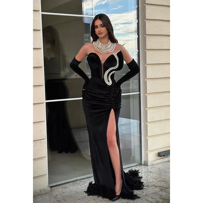 Couture & Ornate V-Neck Sleeveless Mermaid Side Slit Evening Party Prom Dress With Pearls