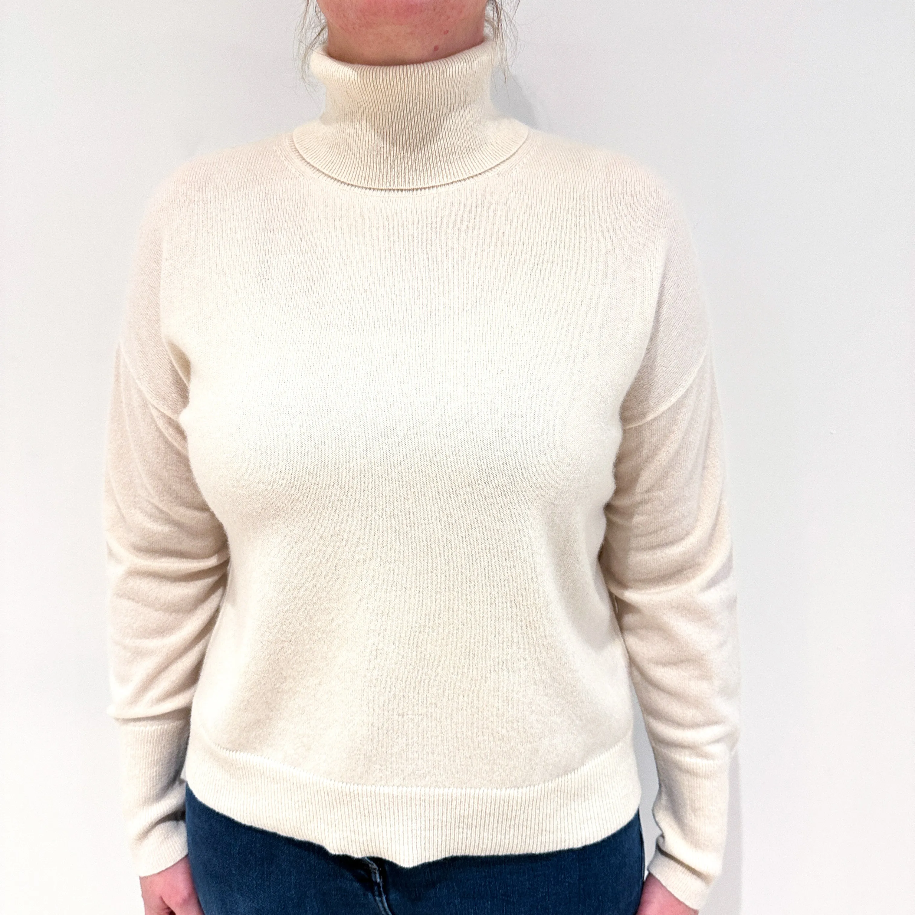Cream Boxy Cashmere Polo Neck Jumper Large