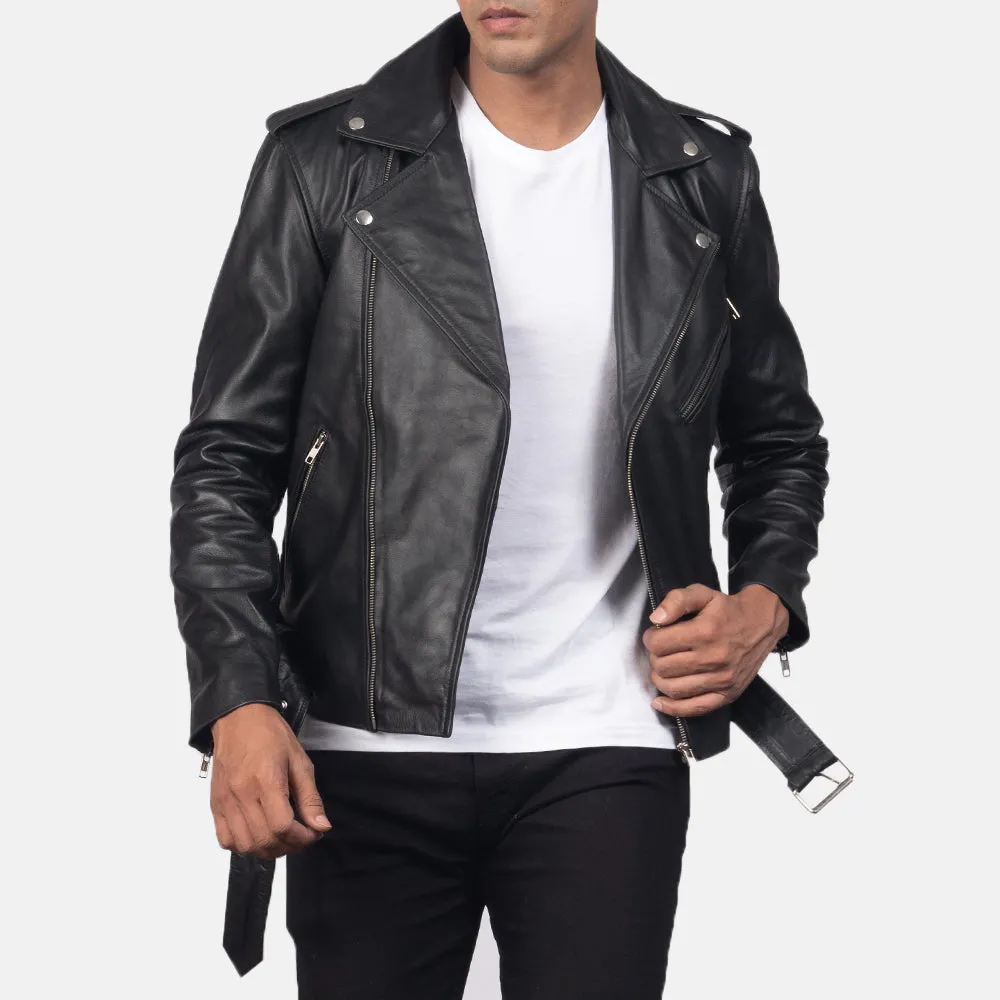 Cross Zipper Black Bikers Leather Jacket