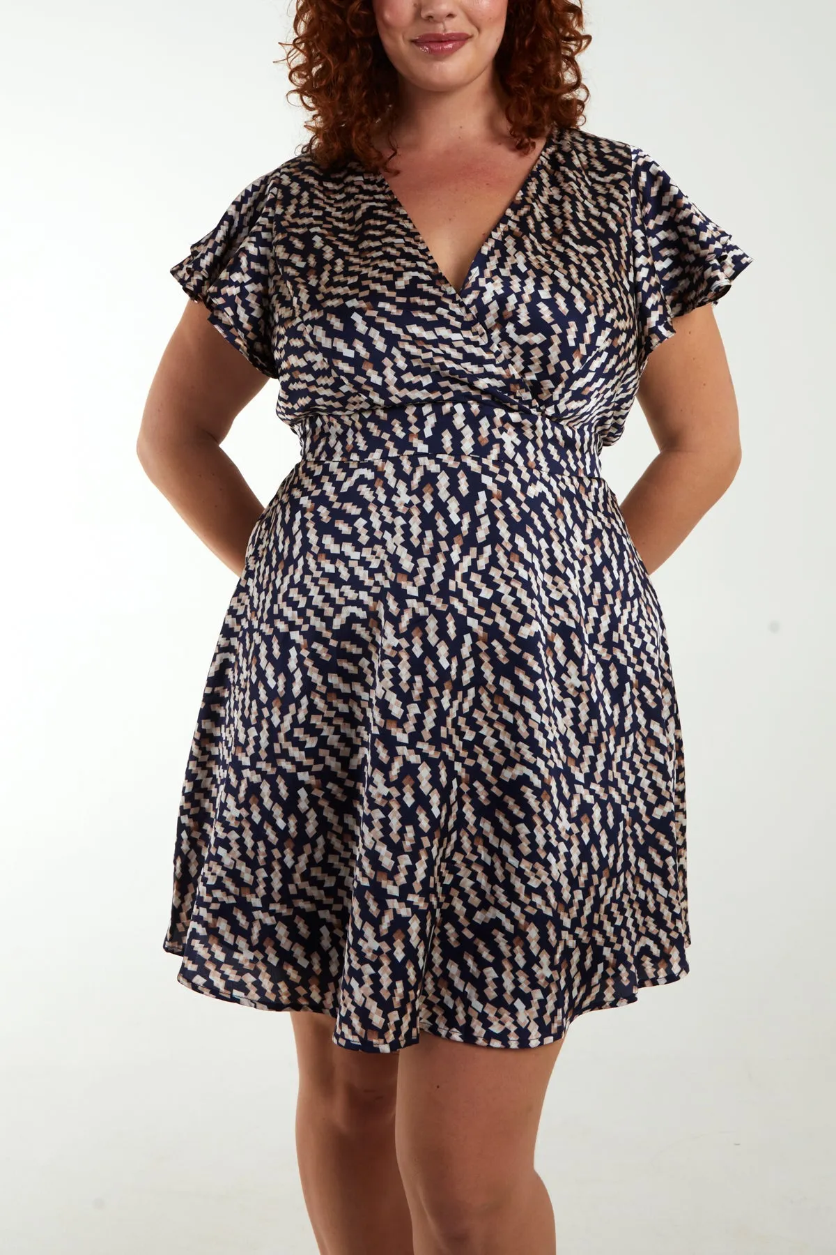 Curve Satin Geometric Wrap Ruffle Mini Dress