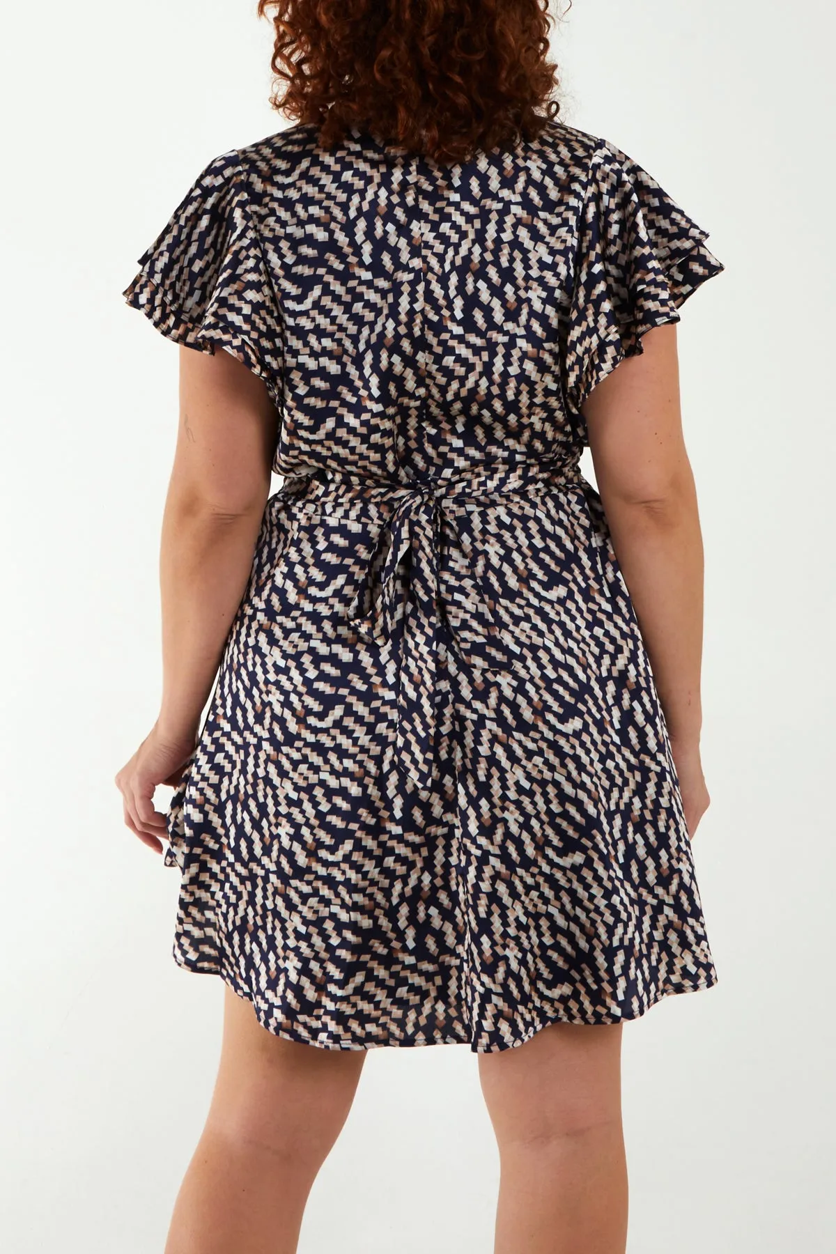 Curve Satin Geometric Wrap Ruffle Mini Dress