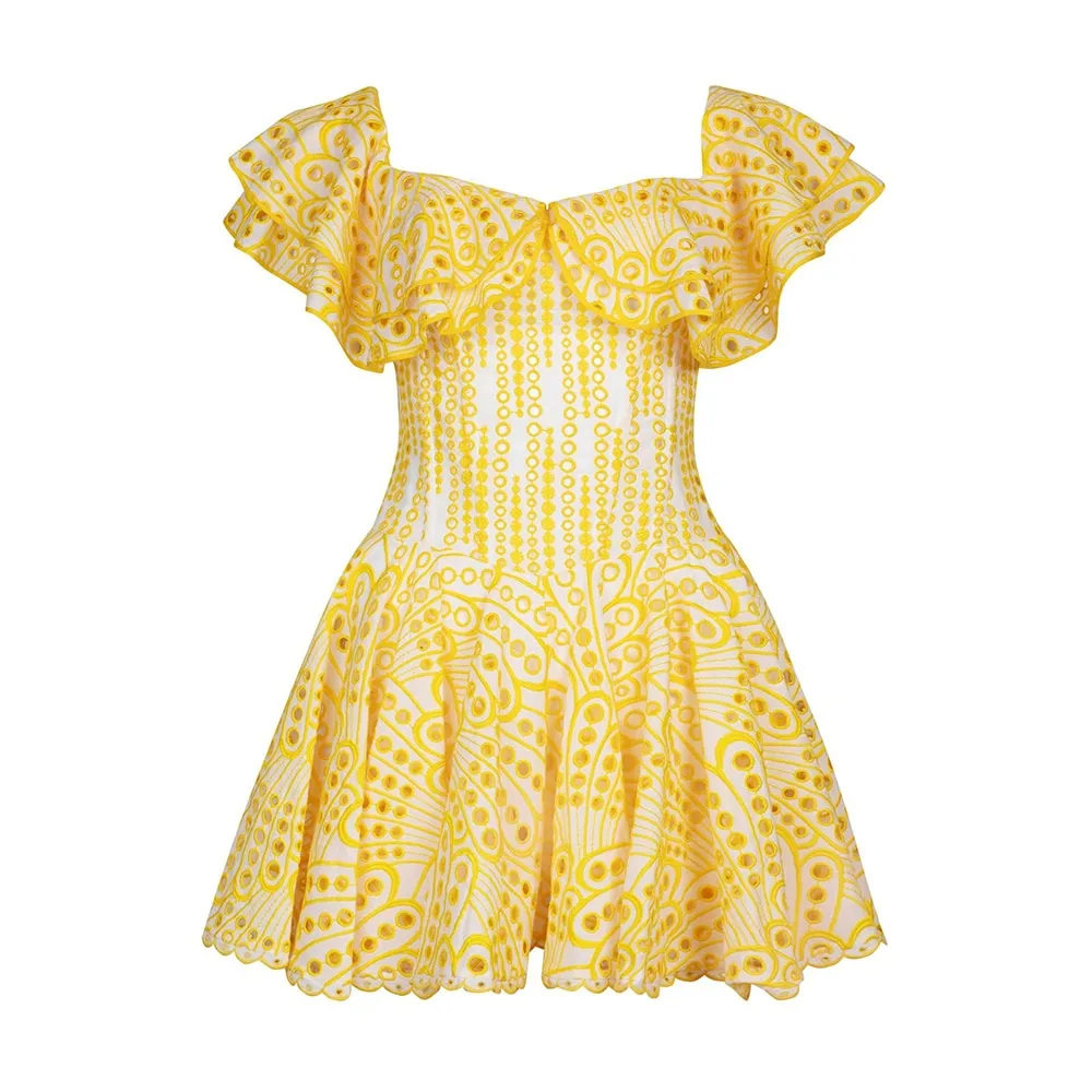 Cut Out Mini Dress For Women Slash Neck Short Sleeve High Waist Solid Minimalist Dresses Female Summer Clothing