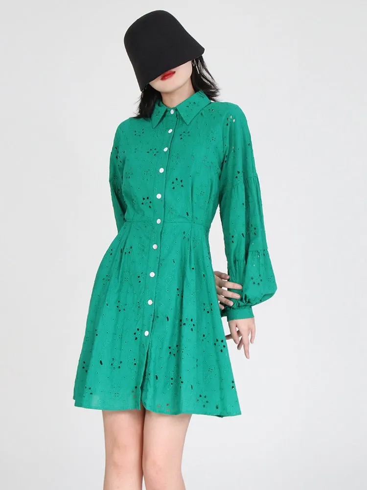 Cut Out Solid Dress For Women Lapel Lantern Sleeve High Waist Minimalist Mini Dresses Female Clothing Fashion