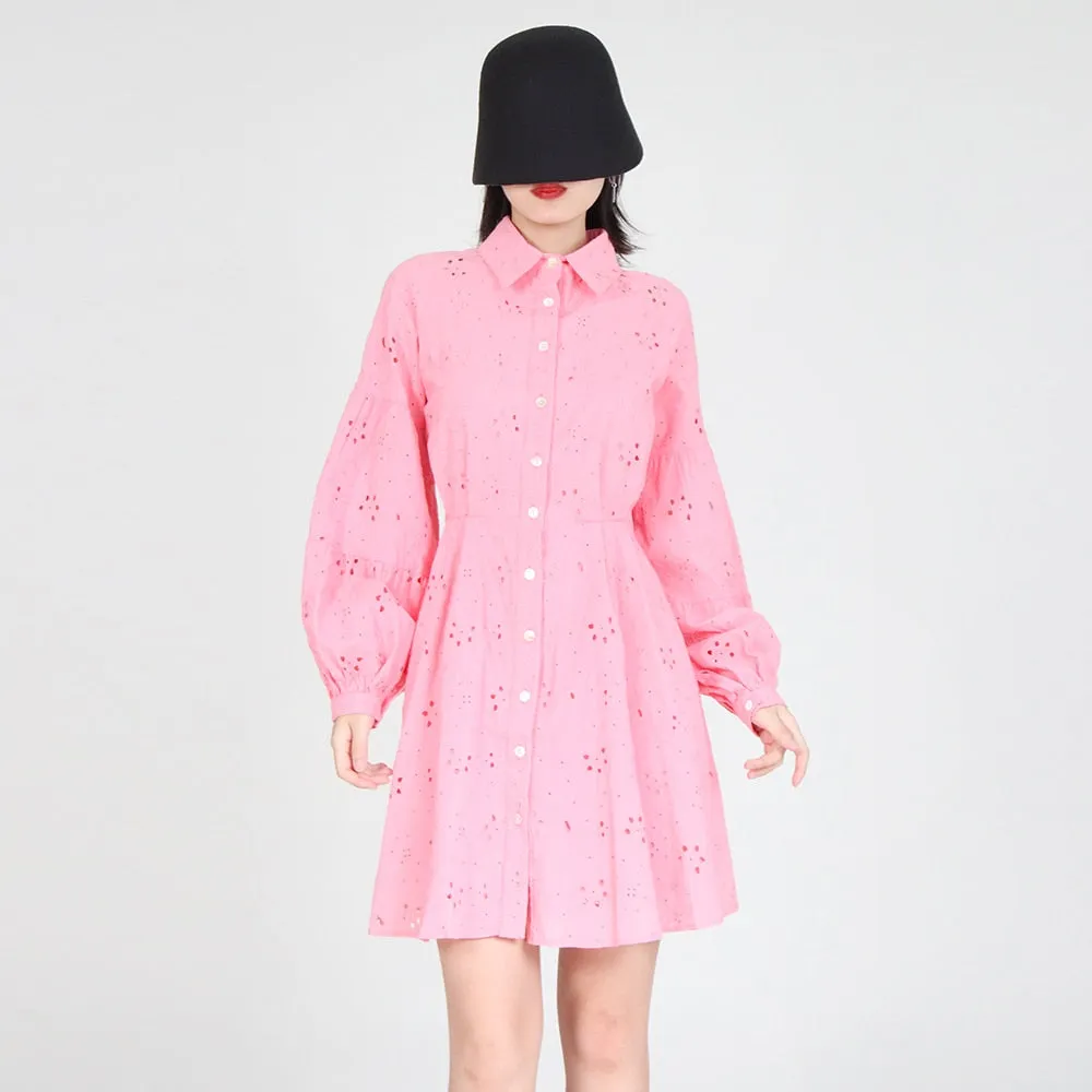 Cut Out Solid Dress For Women Lapel Lantern Sleeve High Waist Minimalist Mini Dresses Female Clothing Fashion