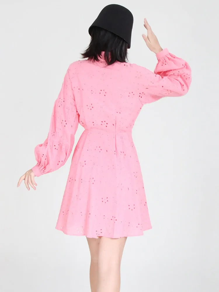 Cut Out Solid Dress For Women Lapel Lantern Sleeve High Waist Minimalist Mini Dresses Female Clothing Fashion