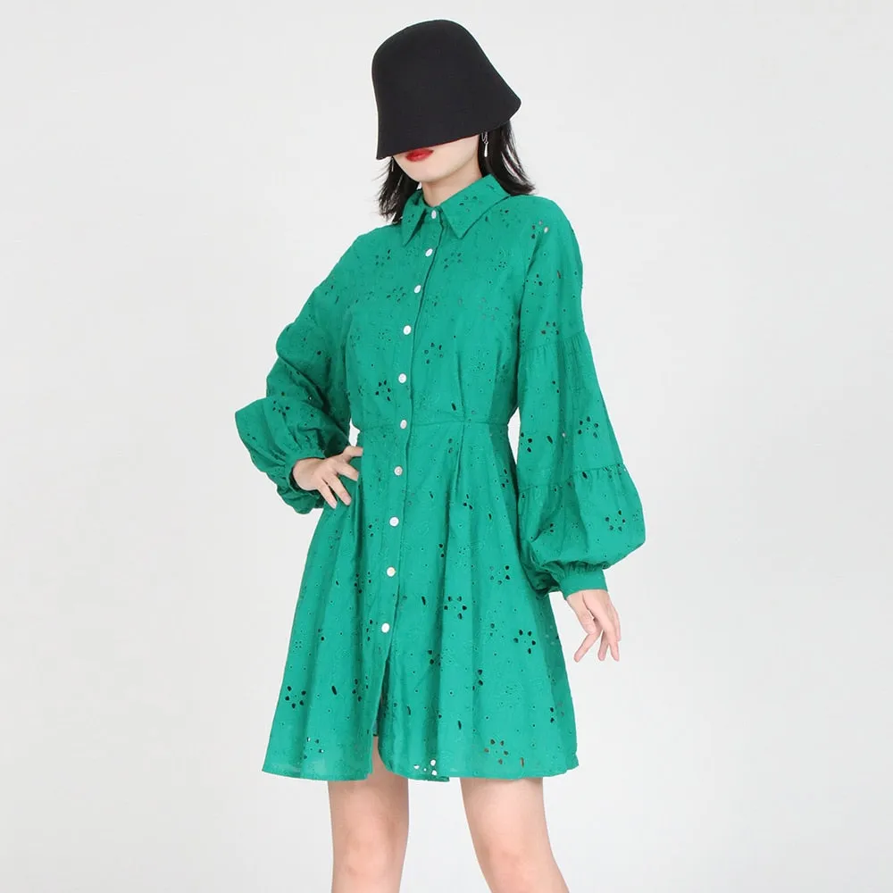 Cut Out Solid Dress For Women Lapel Lantern Sleeve High Waist Minimalist Mini Dresses Female Clothing Fashion