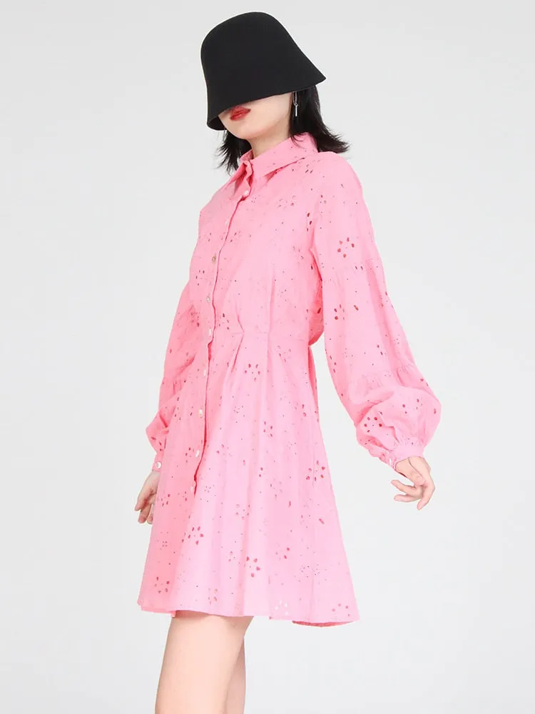 Cut Out Solid Dress For Women Lapel Lantern Sleeve High Waist Minimalist Mini Dresses Female Clothing Fashion