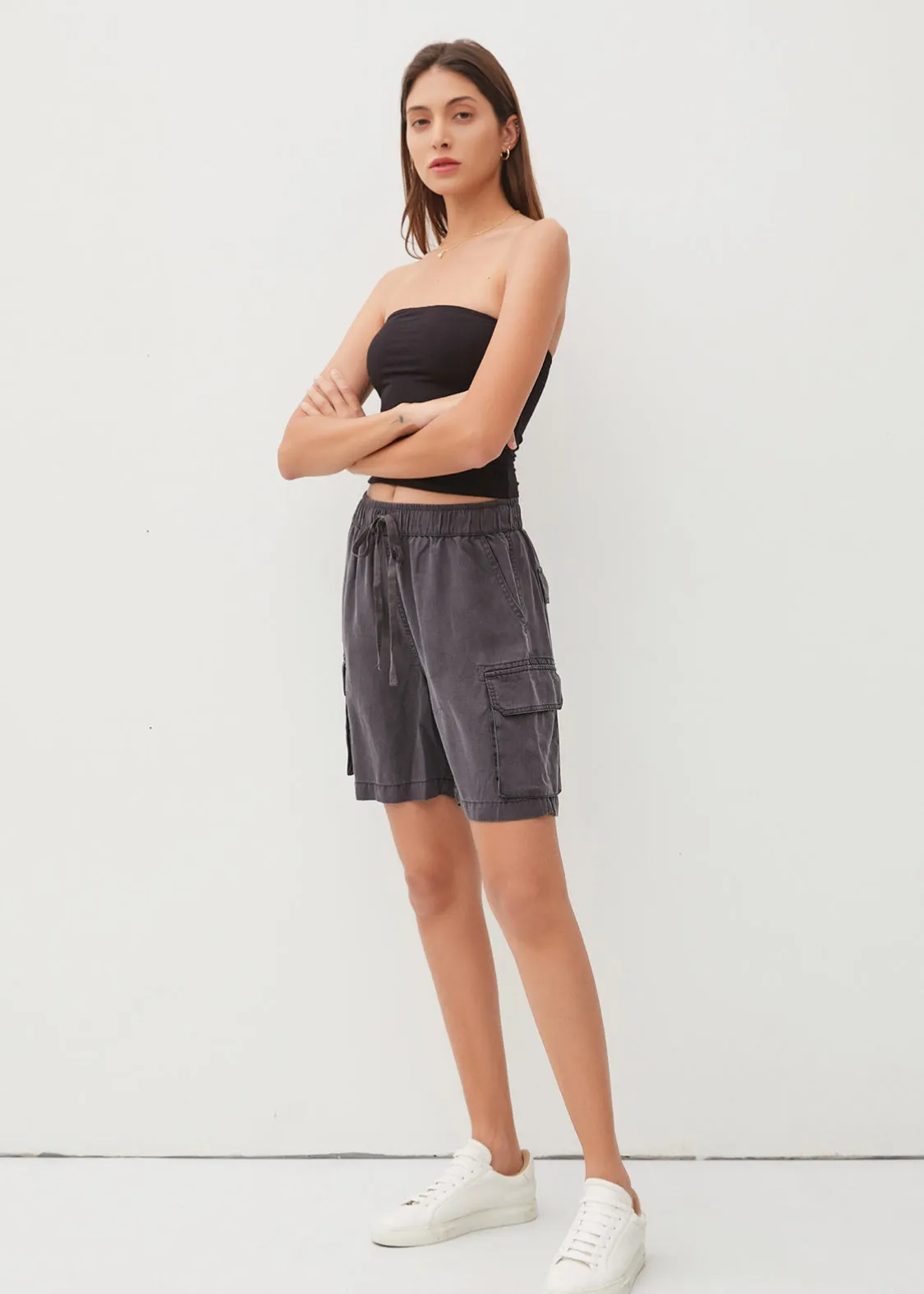 Dara, Womens Drawstring Cargo Short Wrinkle Resistant Tencel, Charcoal