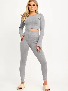 Daya Long Sleeves Ribbed Crop Top & Leggings Co-ord In Grey