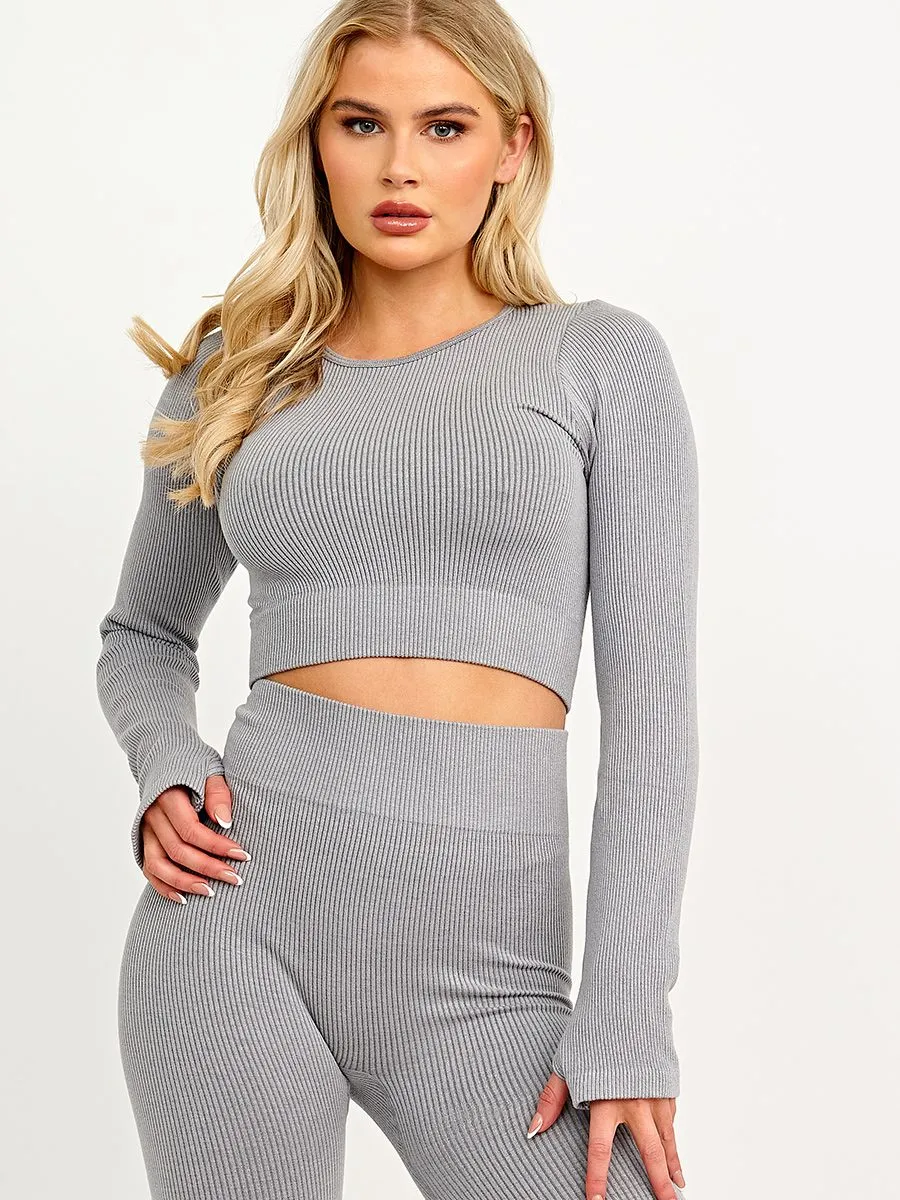 Daya Long Sleeves Ribbed Crop Top & Leggings Co-ord In Grey