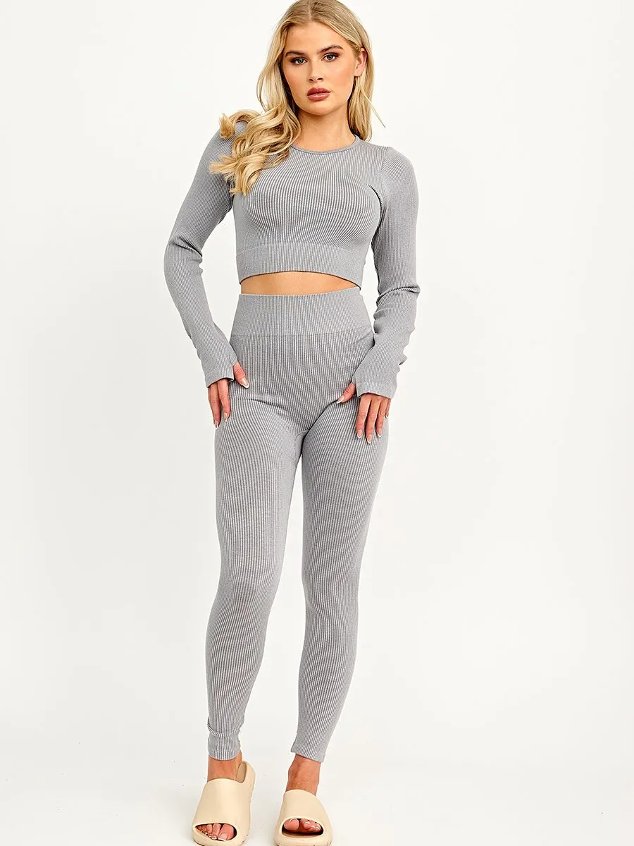 Daya Long Sleeves Ribbed Crop Top & Leggings Co-ord In Grey