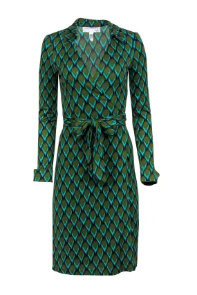 Diane von Furstenberg - Green & Blue Scale Printed Silk Wrap Dress Sz 6