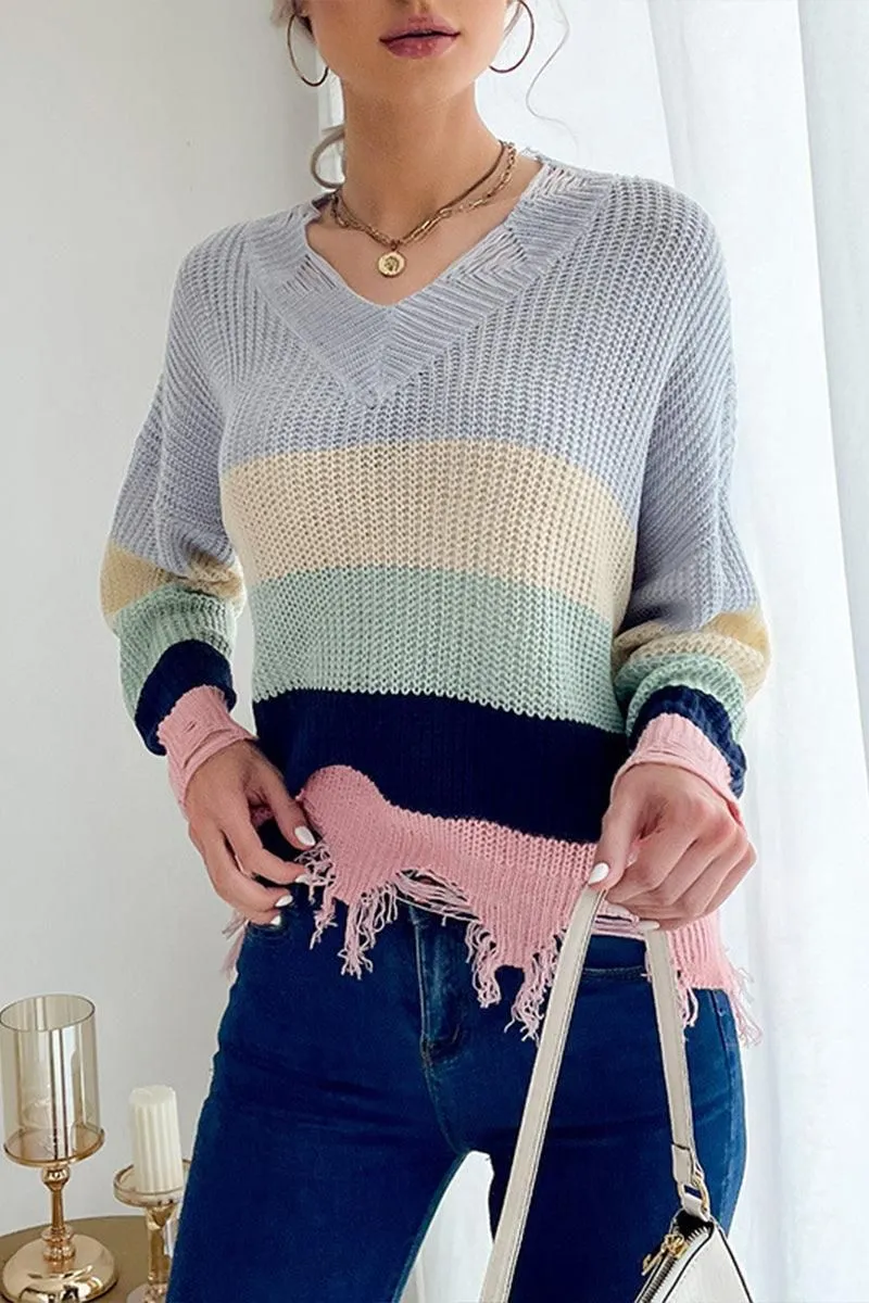 DISTRESSED HEM COLOR BLOCK KNIT SWEATER