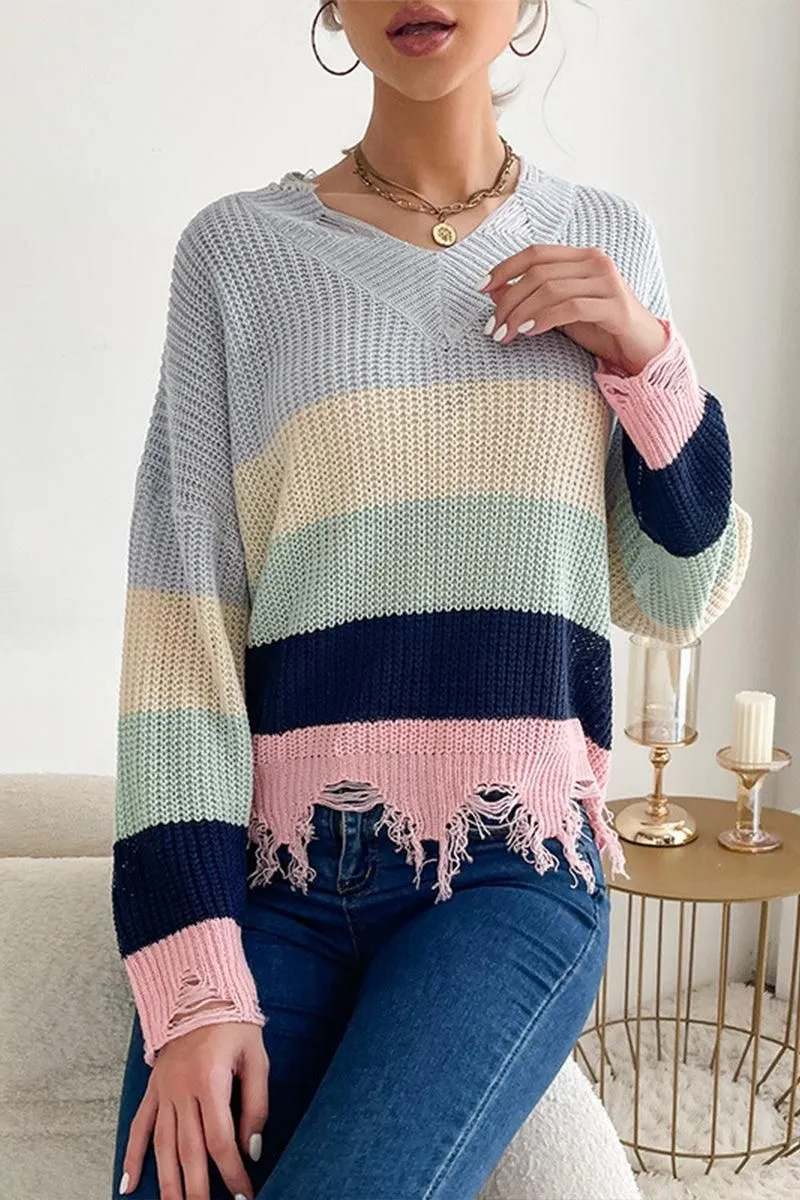 DISTRESSED HEM COLOR BLOCK KNIT SWEATER