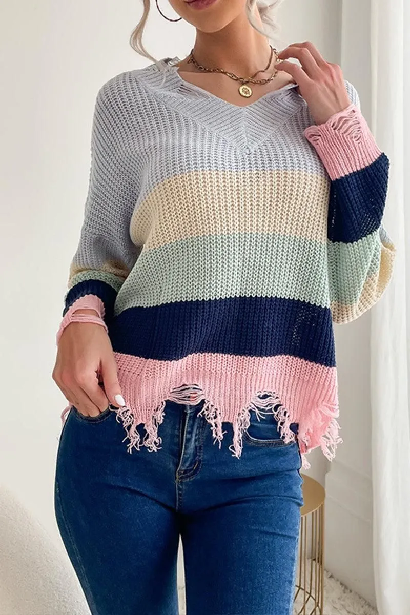 DISTRESSED HEM COLOR BLOCK KNIT SWEATER