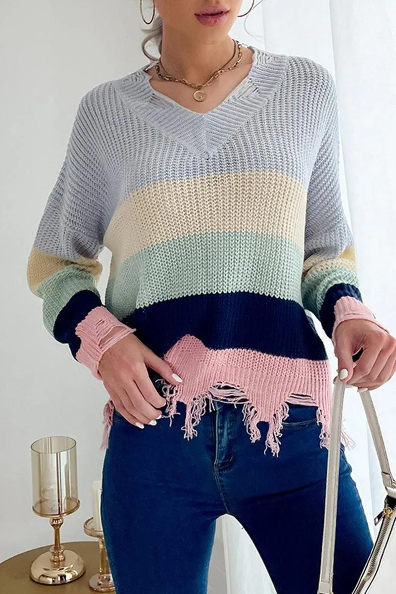 DISTRESSED HEM COLOR BLOCK KNIT SWEATER