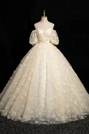 Elegant A-Line Tulle Floor Length Prom Dress, Champagne Off the Shoulder Evening Party Dress