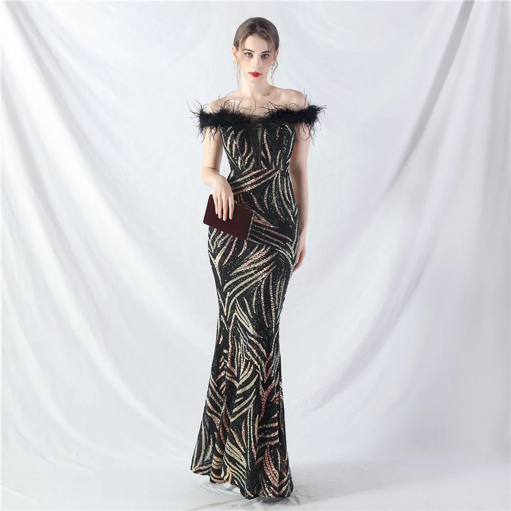 Elegant Boning Corset Ostrich Feather Sequined Evening Dress