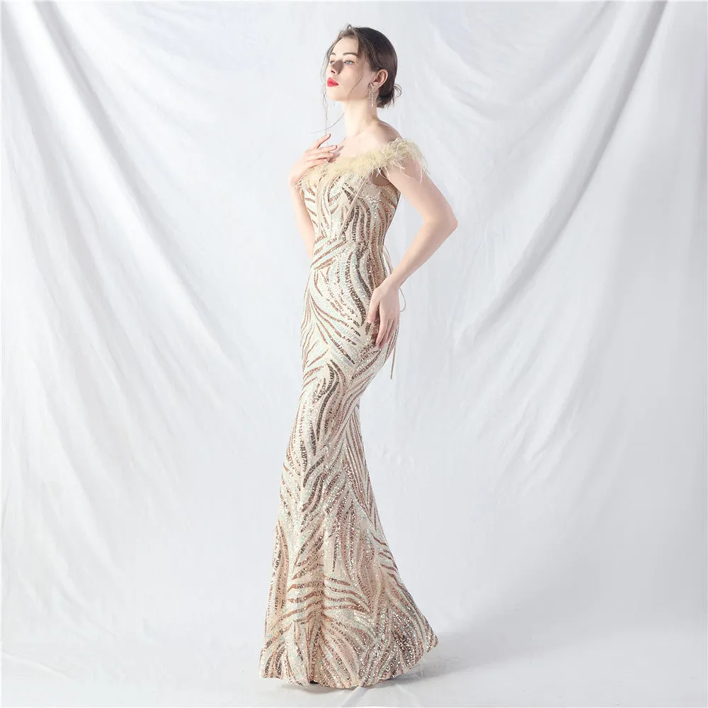 Elegant Boning Corset Ostrich Feather Sequined Evening Dress