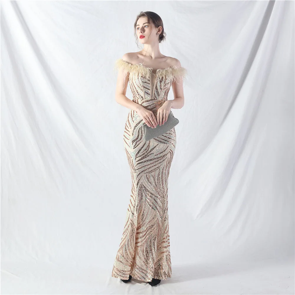 Elegant Boning Corset Ostrich Feather Sequined Evening Dress