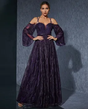 Embroidery Halter Bell Sleeve Slit Evening Dress