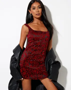 Exily Mini Dress in Brocade Flower Black and Red