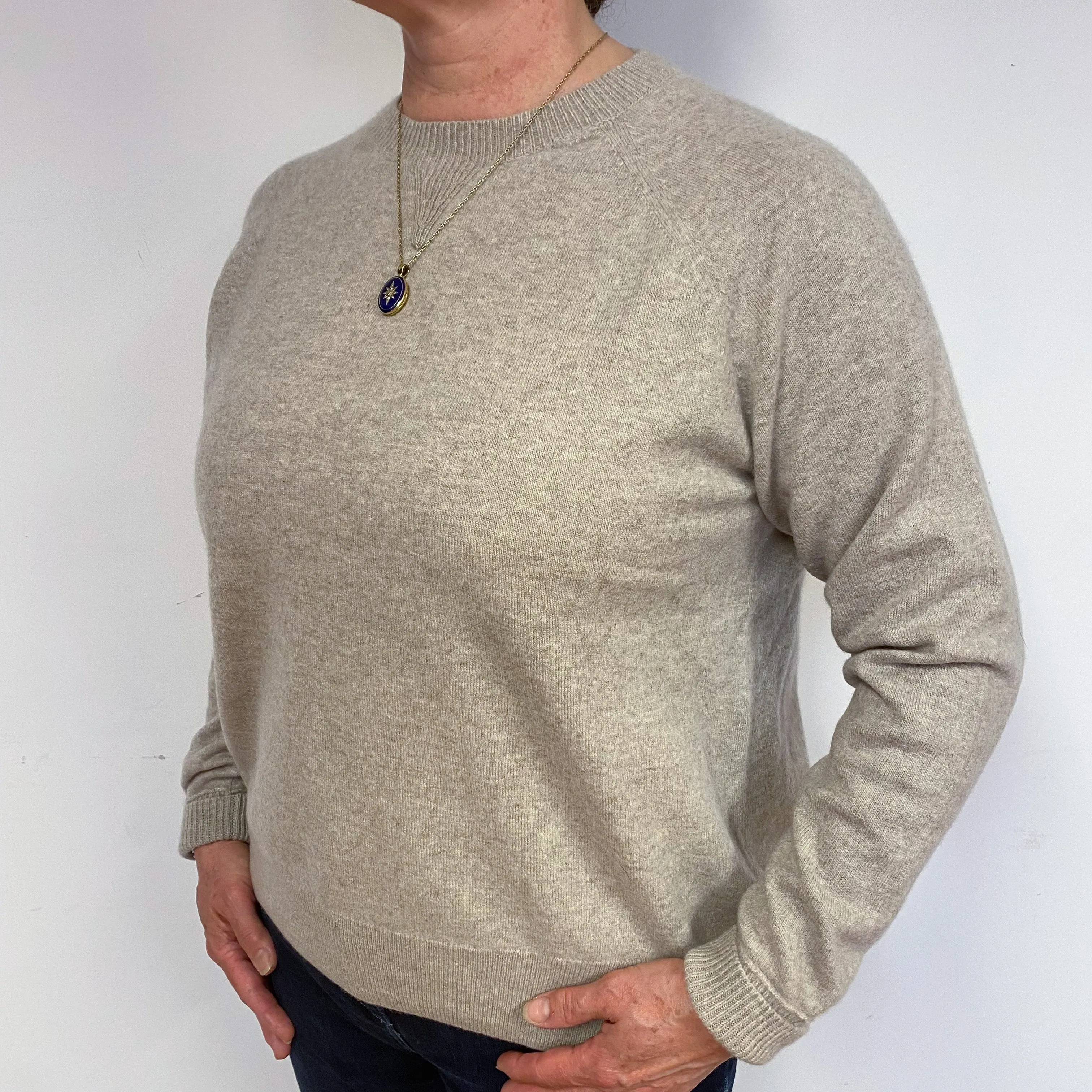 Fawn Beige Cashmere Crew Neck Jumper Large