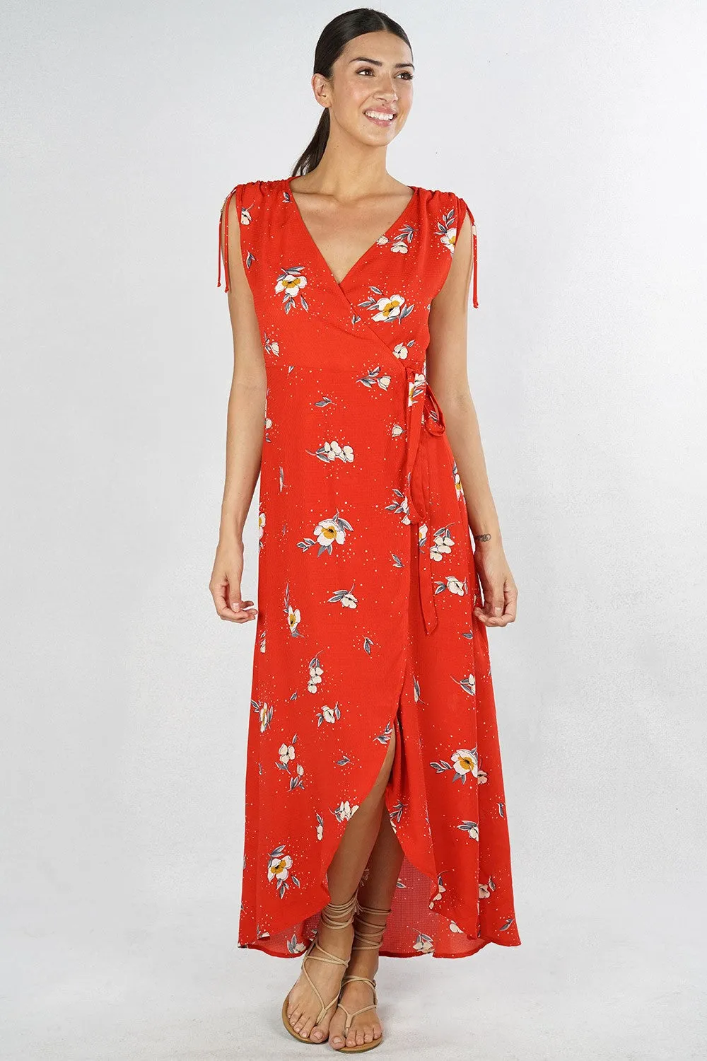 Floral Ruched Maxi Wrap Dress