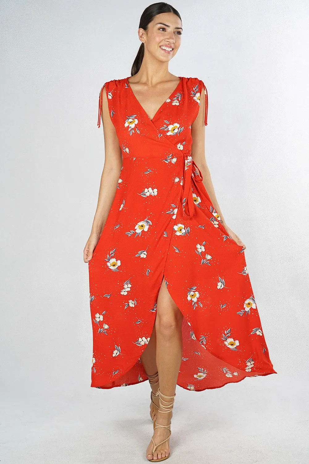 Floral Ruched Maxi Wrap Dress