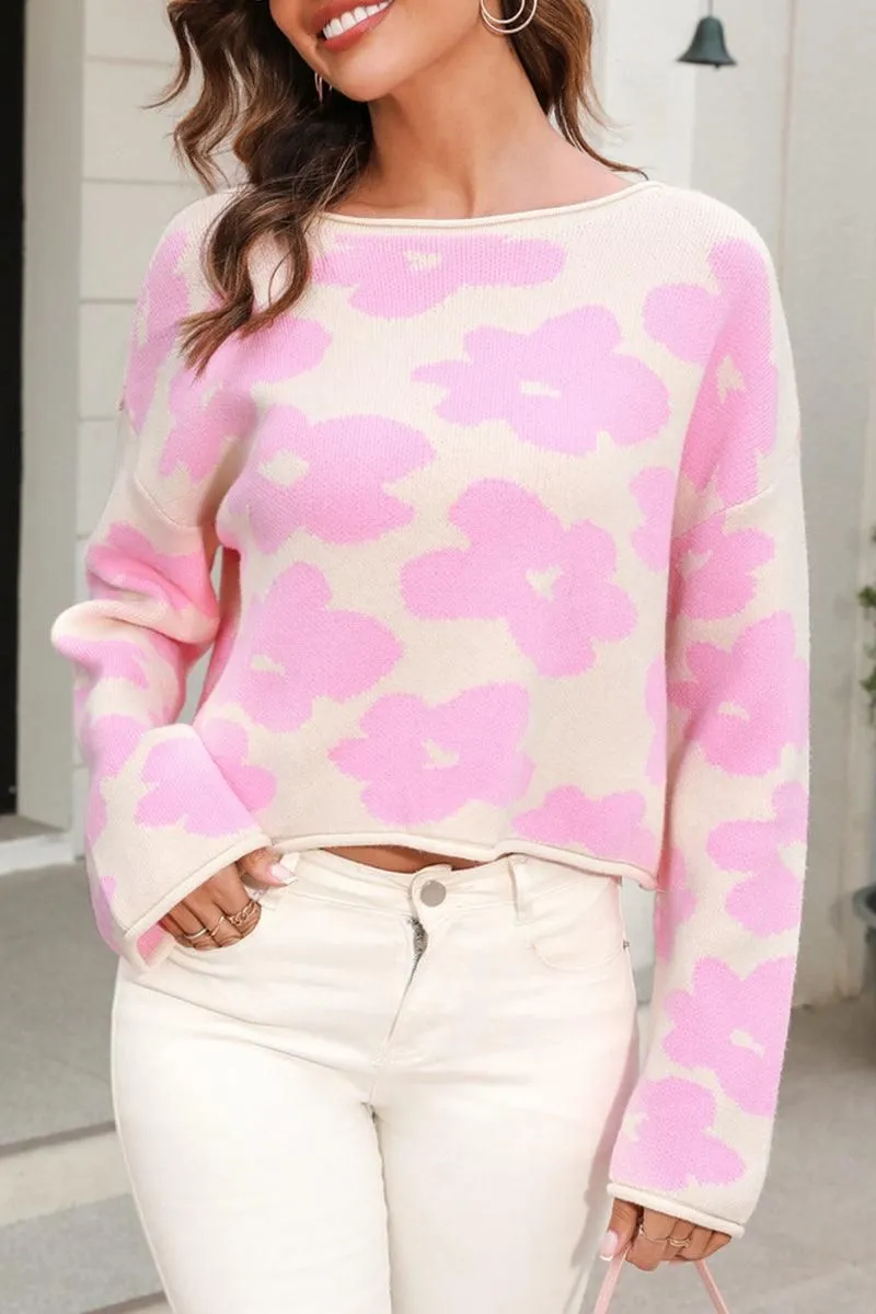 FLOWER PRINTING LOOSE FIT SHORT PULLOVER SWEATER