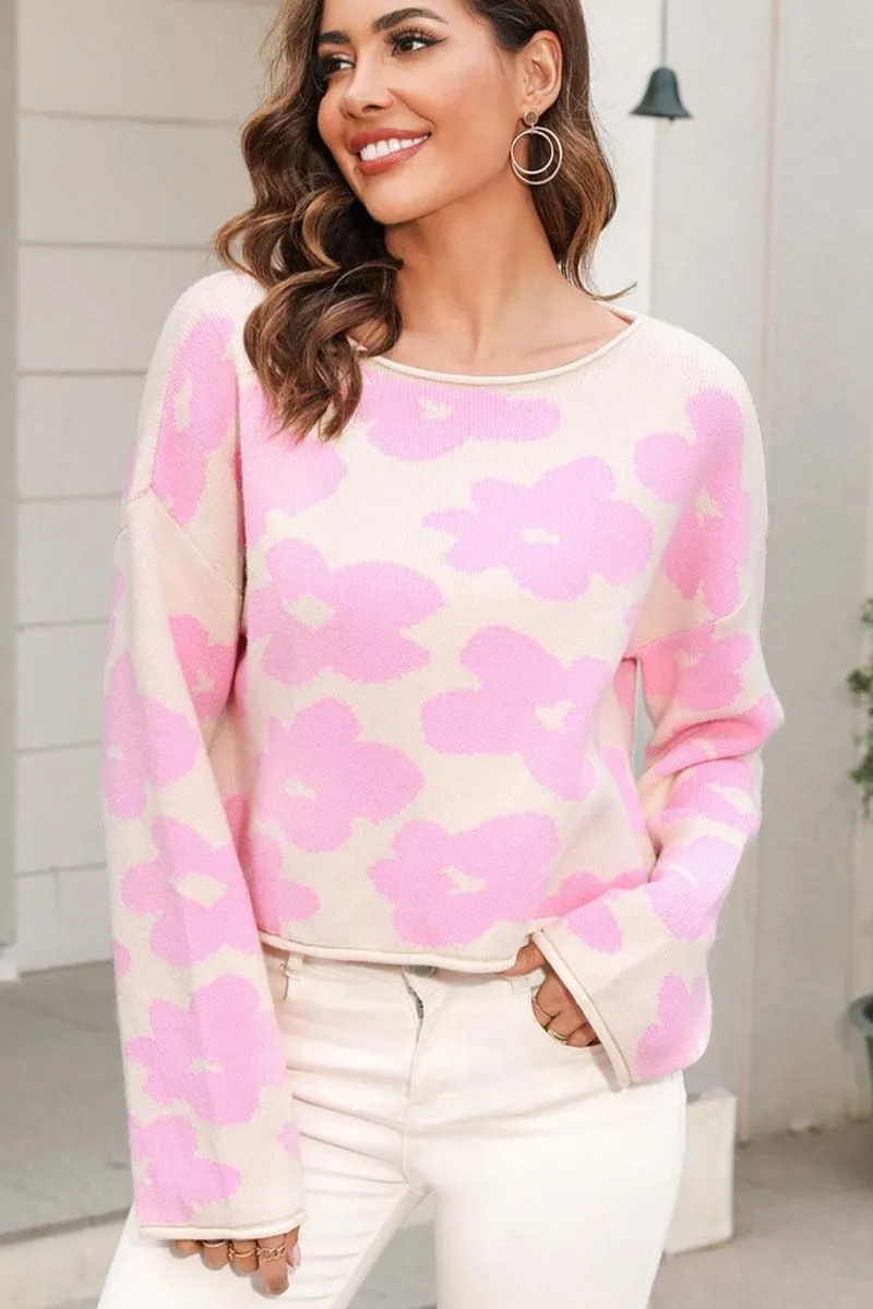 FLOWER PRINTING LOOSE FIT SHORT PULLOVER SWEATER