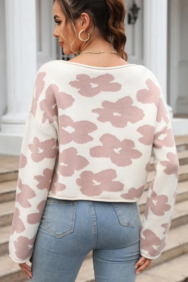 FLOWER PRINTING LOOSE FIT SHORT PULLOVER SWEATER