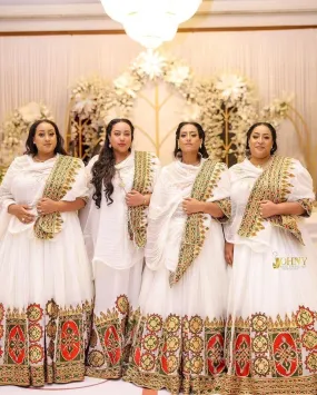 Flowing Multicolored Ethiopian Dress: Luxurious Celebration Attire for Joyful Events