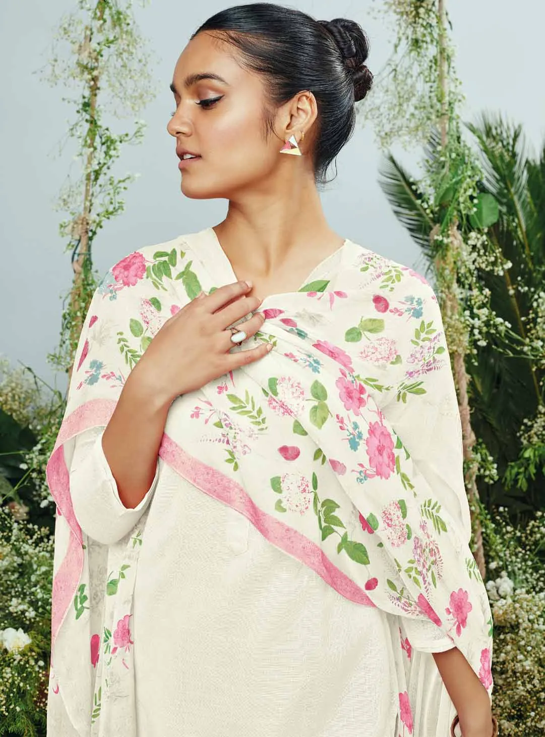 Ganga Cotton Linen Unstitched Off-White Women Suit Material