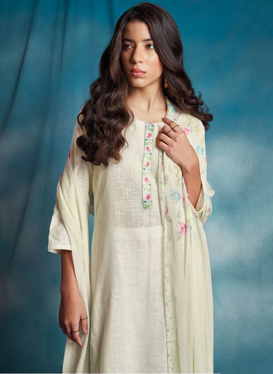 Ganga Off-White Unstitched Cotton Linen Printed Salwar Suit Material