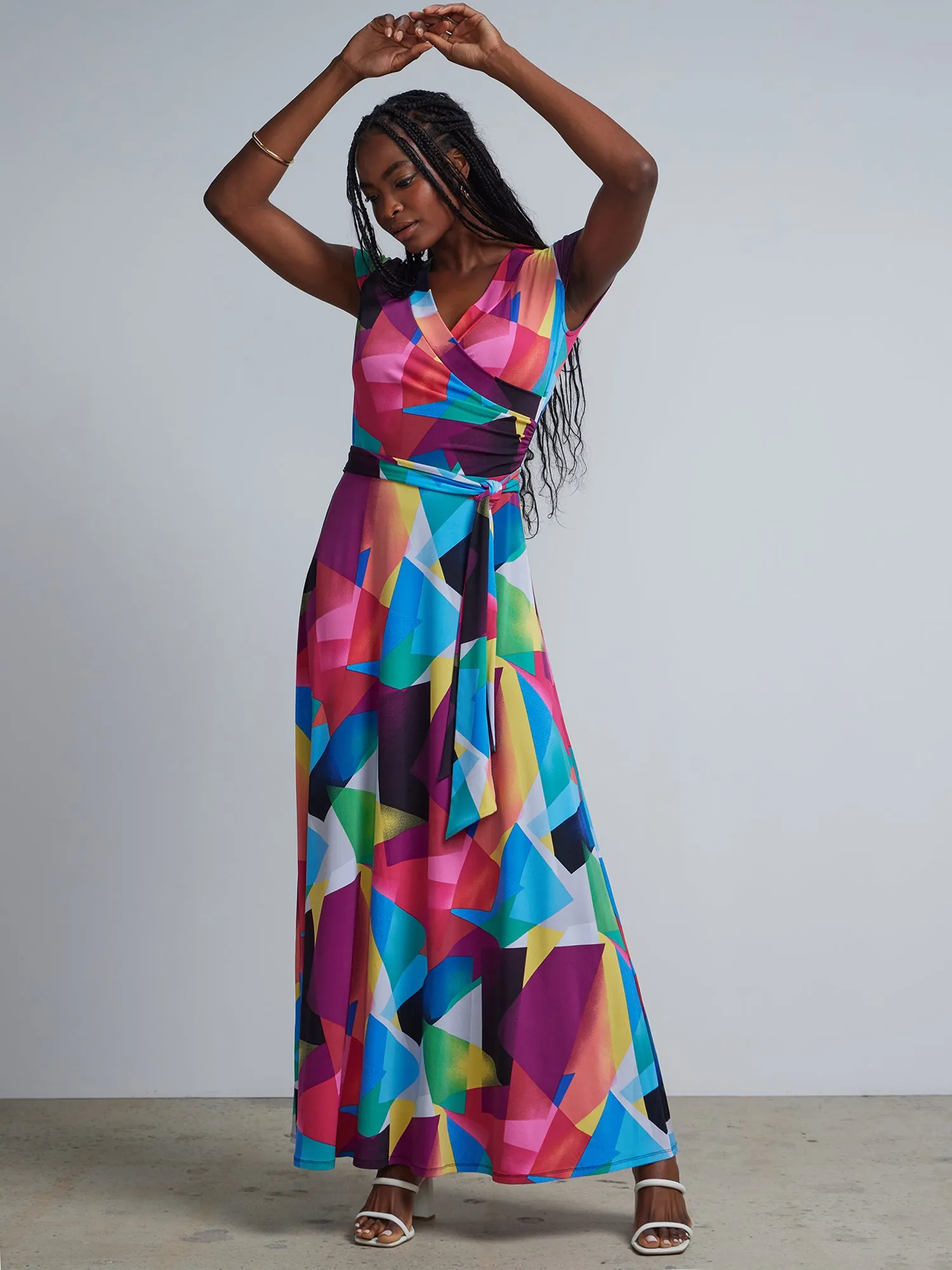 Geometric Print V-Neck Waist-Tie Maxi Dress