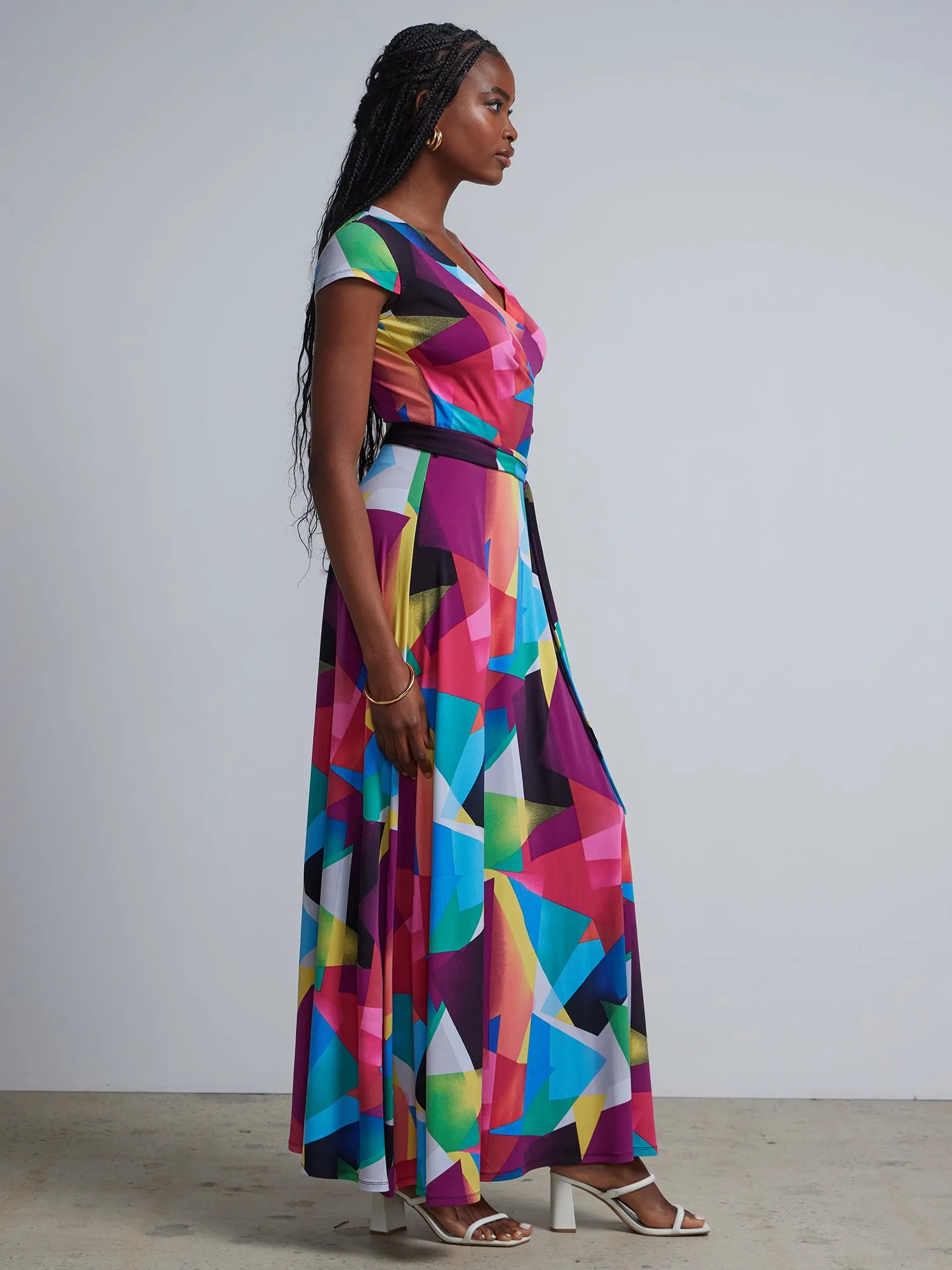 Geometric Print V-Neck Waist-Tie Maxi Dress