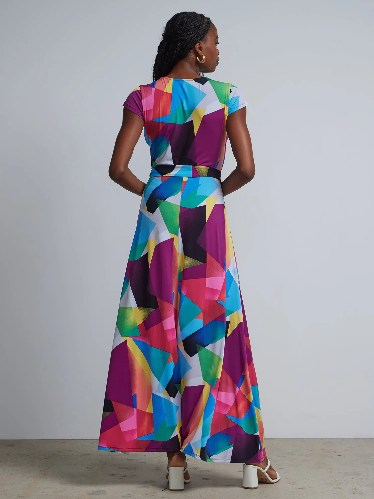 Geometric Print V-Neck Waist-Tie Maxi Dress